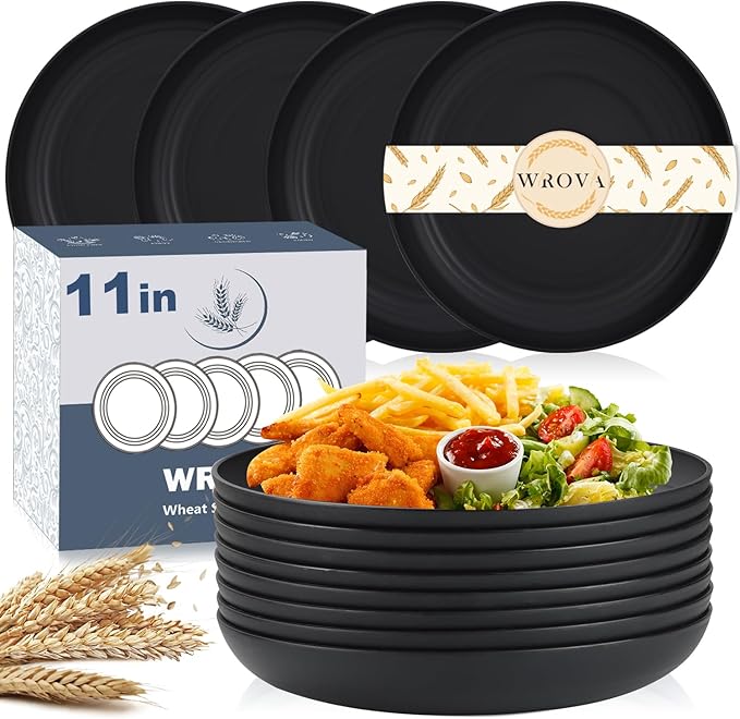 Wrova Large Wheat Straw Dinner Plates - 11 Inch Unbreakable Set of 8 - Dishwasher & Microwave Safe, Deep Edge for Kitchen and Camping (Black)