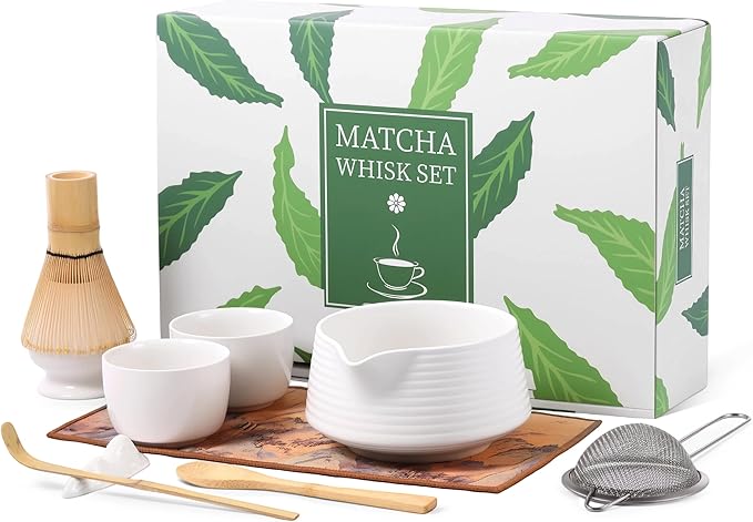 HELPLX Matcha Whisk Set 10-Piece Japanese Matcha Kit with BowlWhisk & Holder2 Tea CupsBamboo ScoopSpoonSifterScoop Rest & Tea Towel – White Matcha Tea Set for Ceremony or Daily Use