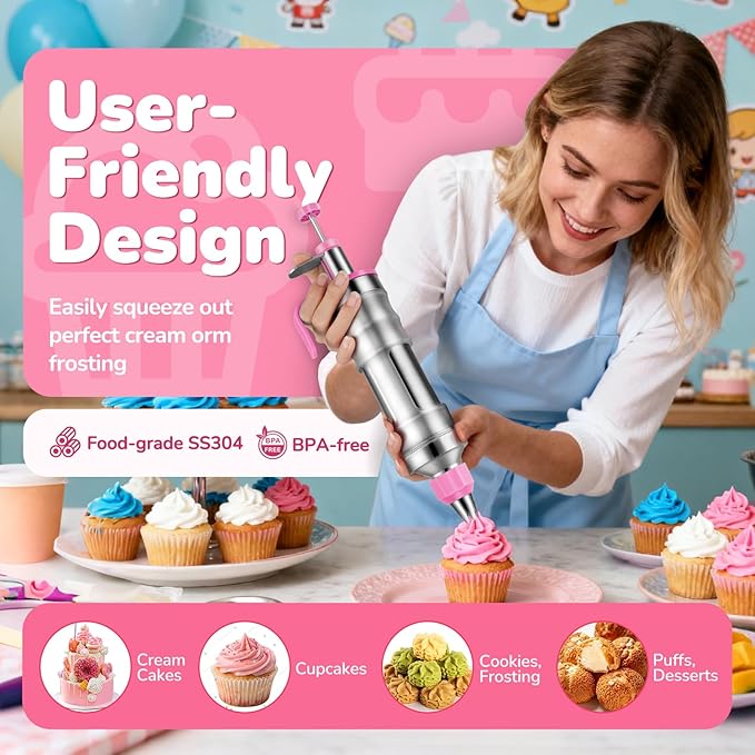 Cake Decorating Tools Supplies Kit: 164pcs Baking Accessories - Piping Bags and Icing Tips Set - Puffs Cupcake Frosting Piping Bakery Set for Adults Beginners or Professional, Pink