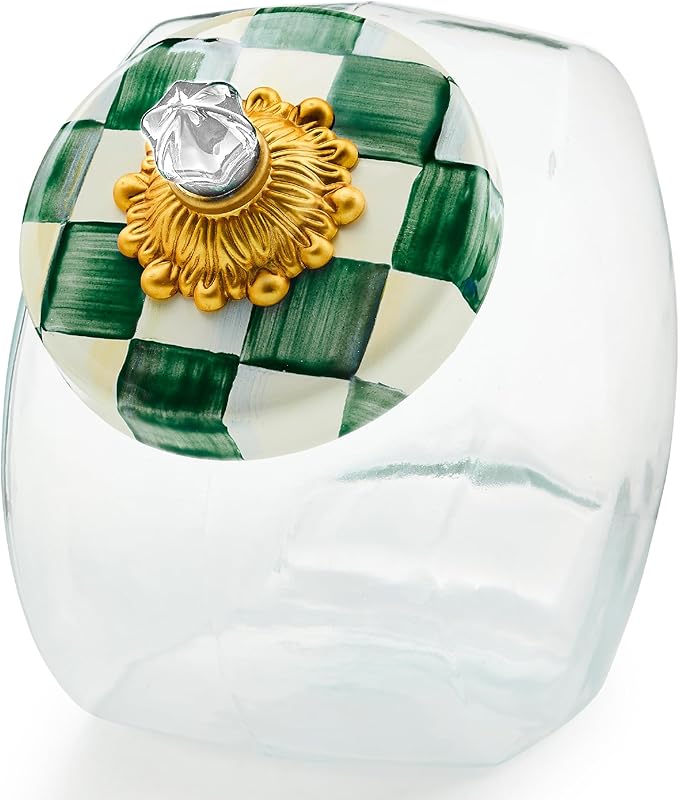 MACKENZIE-CHILDS Cookie Jar with Enamel Lid, Large Glass Treat Jar or Kitchen Jar, 1-Gallon Capacity, Green-and-White Emerald Check