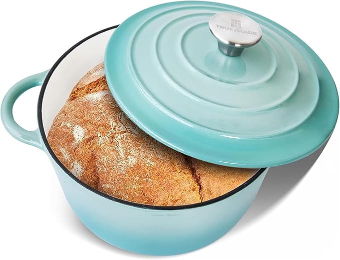 Trustmade 3 QT Cast Iron Dutch Oven, Enamel Coated Cookware Pot with Self Basting Lid for Home Baking, Braiser, Cooking, Aqua