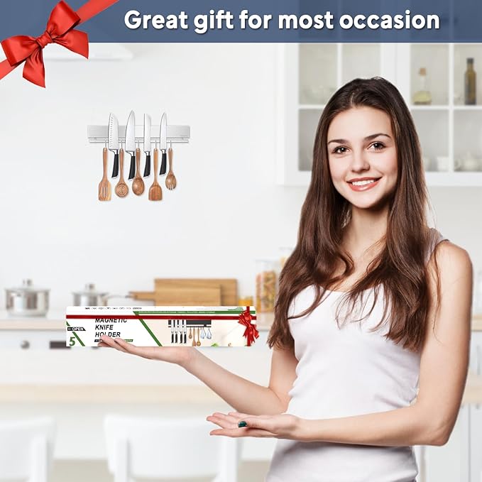 12 Inch Magnetic Knife Holder with 5 Hooks, No Drilling Wall Mount, Powerful Magnet Strip and Utensil Hanger