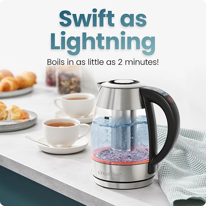 CHEFMAN Lightning High-Powered Electric Kettle, 1.8L 1750W, Rapid Boil 2 Cups in 2 Minutes, BPA Free Cordless Tea Kettle with Digital Temperature Control and 1-Hour Keep Hot – Stainless Steel