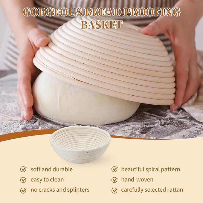Banneton Bread Proofing Basket Banneton Basket Set Sourdough Proofing Basket Round Proofing Bowls Handmade Rattan Baskets and Liners (Round of 1 Gift Set)
