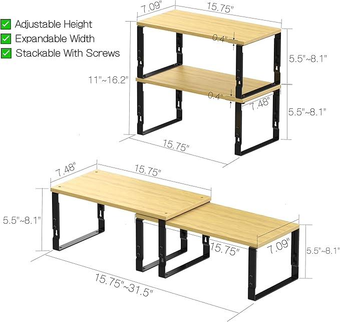 Adjustable Storage Shelves for Kitchen Cabinet Organization - Set of 2 Stackable Metal & Solid Wood Racks, Space-Saving Design for Countertop/Pantry/Garage, Easy Assembly(1 Pack/Large/Black)
