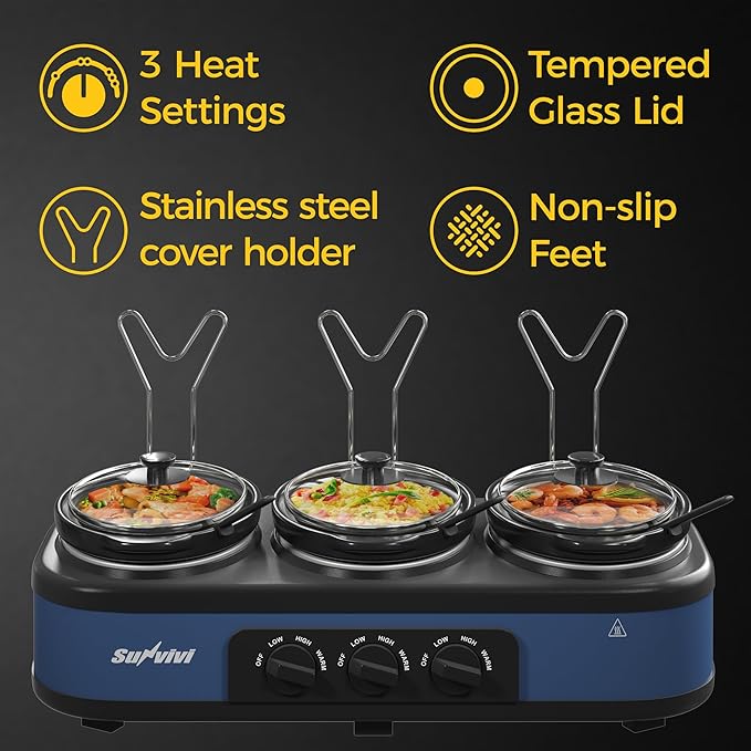 Sunvivi Triple Slow Cooker Buffet Servers and Warmer, Large 3 Pot Food Small Mini Manual Slow Cooker with Adjustable Temp Stainless Steel Lid Rests,Removable Ceramic Pot, 3 * 2.5 Quarts, Blue