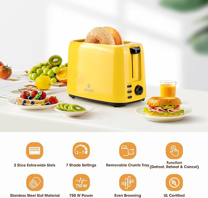 iSiLER 2 Slice Toaster, 1.3 Inches Wide Slot Bagel Toaster with 7 Shade Settings and Double Side Baking, Removable Crumb Tray, Defrost Cancel Function Yellow