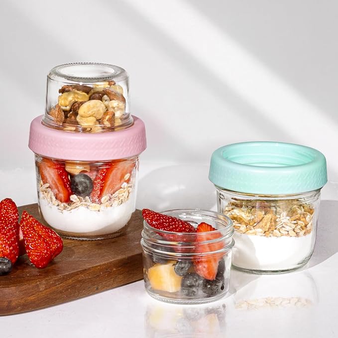 ComSaf Overnight Oats Containers with Lids (8oz+4oz, 4Pcs), Glass Yogurt Parfait Cups for Cereal Nut Fruit, Dual-Layer Chia Pudding Jars Reusable, Small Mason Jars for Salad, Meal Prep, Snack, Oatmeal