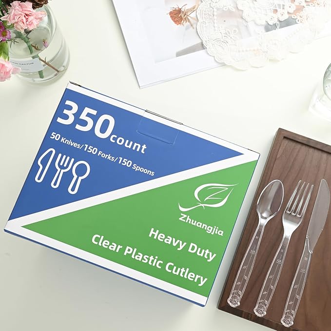 350pc Heavy Duty Plastic Silverware Set: 150 Forks/150 Spoons/50 Knives | Commercial Plastic Forks Spoons Knives BPA-Free & Temp-Resistant | Bulk Disposable for Party Catering Events