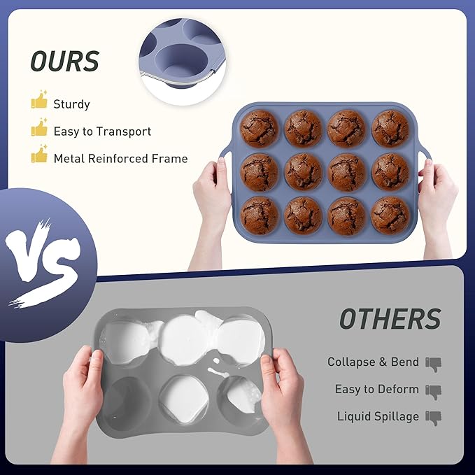12 Cups Silicone Muffin Pan with Metal Reinforced Frame Regular Size Cupcake Pan Tray Egg Bites Silicone Rubber Cookie Molds Muffin Tin Baking Pans Tart Pan Not Stainless Steel Ceramic Aluminum