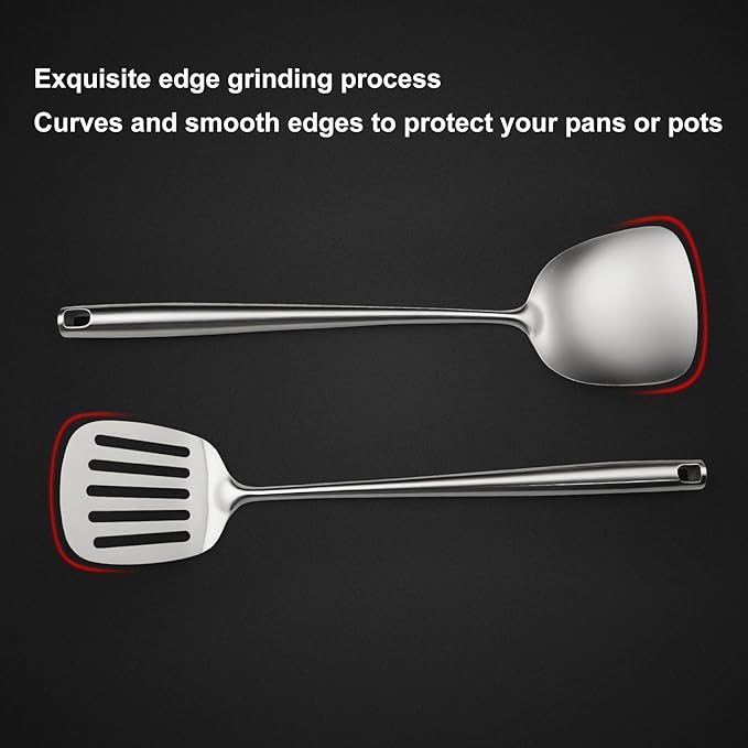 18/10 Stainless Steel Cooking Utensils,2 Pcs All Metal Stainless Steel Kitchen Utensils Set with Wok Spatula,Slotted Spatula Turner(Dishwasher Safe)