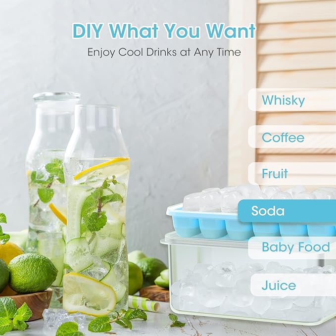 DOQAUS Ice Cube Tray with Lid and Bin, 4 Pack Silicone Plastic Ice Cubes Trays for Freezer with Box/Container, Stackable with Storage Iced Bucket Kits, Scoop, for RV, Soup, Food, Cocktail, Coffee