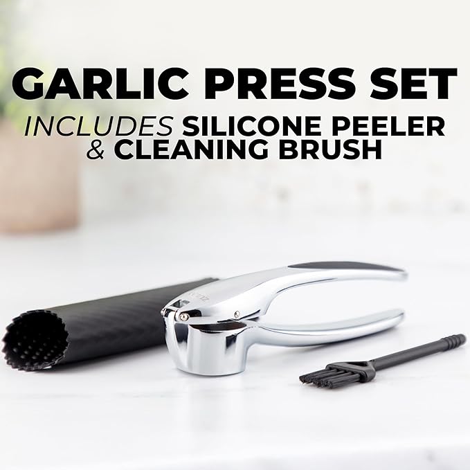 Zulay Kitchen Premium Garlic Press Set – Rust Proof & Dishwasher Safe Garlic Mincer Tool with Silicone Garlic Peeler & Brush, Easy Squeeze & Clean, Ergonomic Soft Grip Handle - Medium – Chrome
