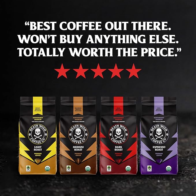Death Wish Coffee Dark Roast Grounds -16 Oz, 2 Packs of Bold & Intense Blend of Arabica & Robusta Beans - USDA Organic Ground Coffee - Pack of 2