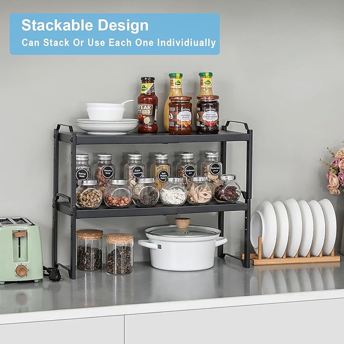 2 Pack Expandable Cabinet Countertop Shelves, Stackable Shelves Organizers For Kitchen Cabinet Countertop Storage, Adjustable Counter Cupboard Pantry Organizer Shelf Rack Stand, Length:20.5"