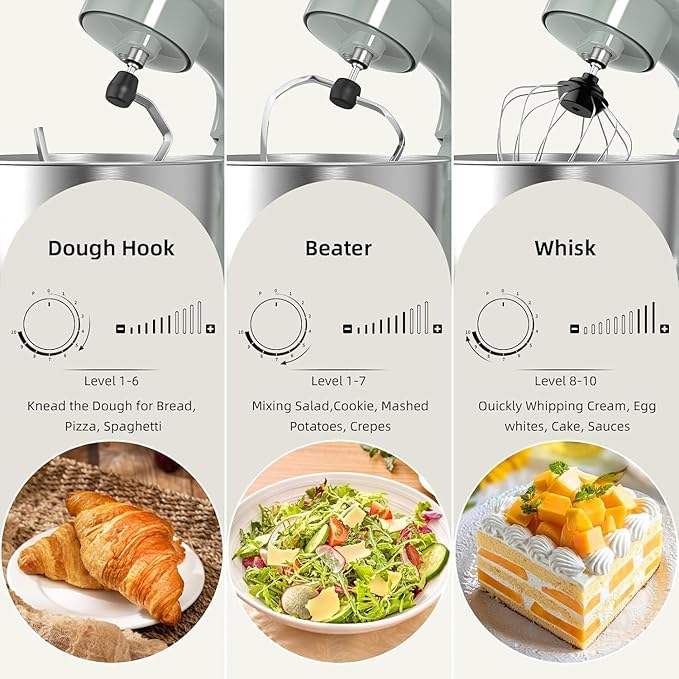 Electric Stand Mixer,10 Speeds Tilt-Head Food Mixer, 3-IN-1 Kitchen Mixer for Daily Cooks with 6QT Bowl,Dough Hook, Beater, Whisk (Morandi Green, Dishwasher safe)