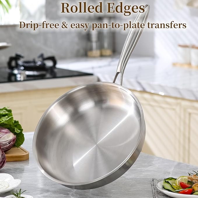 DELARLO Tri-Ply Stainless Steel Frying Pan丨9 inch Skillet with Lid丨All Cooktops Compatible Up to 600℉丨Enegry Saving丨Kitchen Egg Skillet 9" 丨Durable丨Everything Pan丨Omelet Pans for Kitchen Cooking