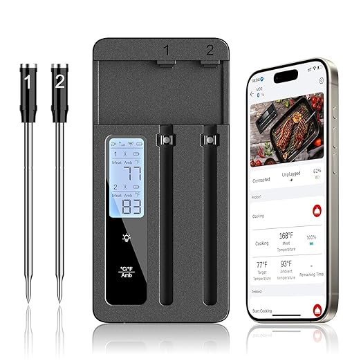 Smart Wireless Meat Thermometer with Dual Probes - Advanced Bluetooth Cooking Thermometer for Perfect Grilling, Smoking, Oven Roasting & Air Frying, Long Range Monitoring & Smart Alerts