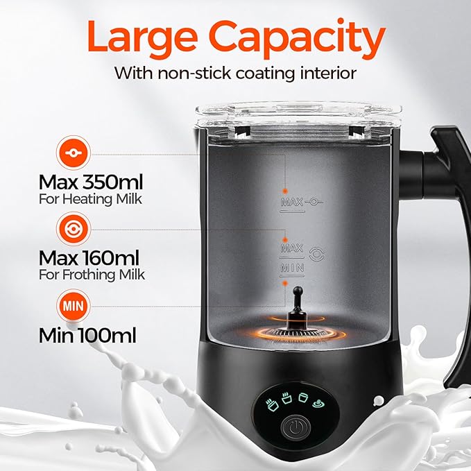 Milk Frother, 4-in-1 Electric Milk Steamer, 11.8oz/350ml Large Capacity for Auto Warm/Cold Foam, Heating Milk for Coffee, Latte, Macchiato, Cappuccino, Hot Chocolate (Black)