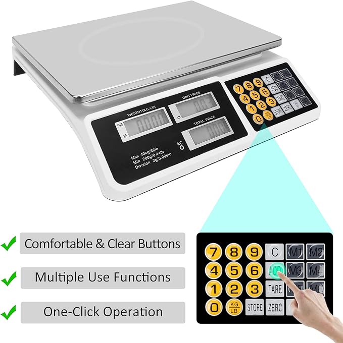 Price Computing Scale 88lb/40kg LCD Digital Commercial Price Scale with Stainless Steel Platform,Produce Scale & Food Scale for Farmers Market, Retail Outlets, Meat Shop (Flat Plate)