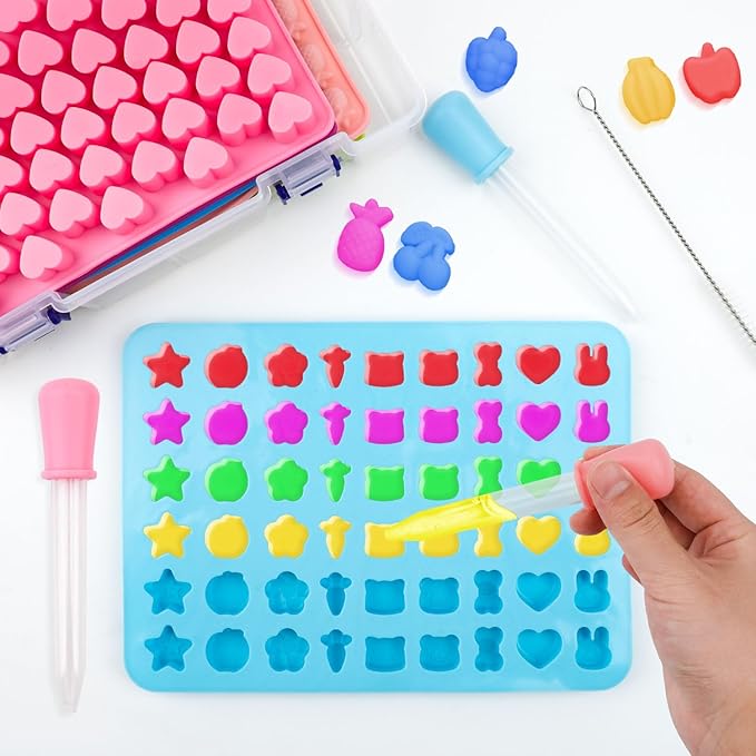 6 Pcs Gummy Bear Molds Silicone, Non-Stick Chocolate Candy Gummy Mold, Animal desserts Gummy Molds With 6 Droppers Clean Brush Storage Box, Including Love Bear Rabbit Mini Donut Fruit Animals Shaped