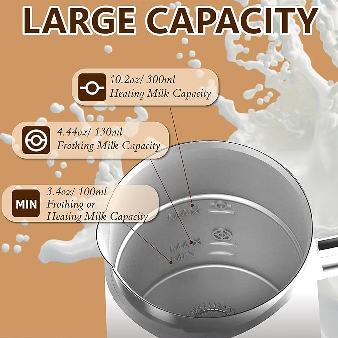 Milk Frother and Steamer, Non-Slip Stylish Design, Hot & Cold Milk Steamer with Temperature Control, Auto Shut-Off Frother for Coffee, Latte, Cappuccino, Macchiato (white)