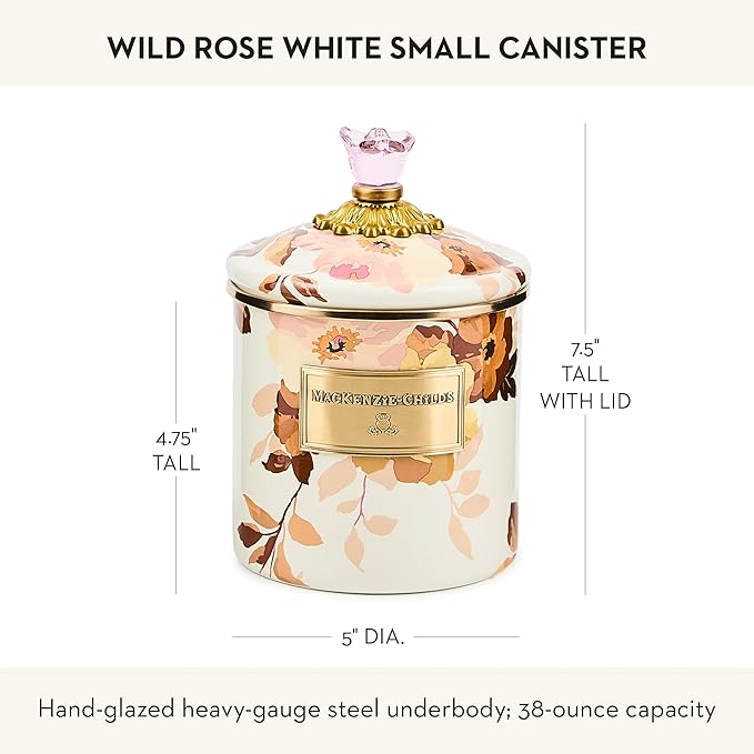 MACKENZIE-CHILDS Enamel Canister, Kitchen Storage Container with Lid, Small, Wild Rose White