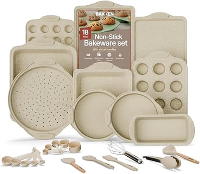 18-Piece Deluxe Nonstick Carbon Steel Bakeware Set - Professional Kitchen Oven Baking Pans with White Silicone Handles and Accessories