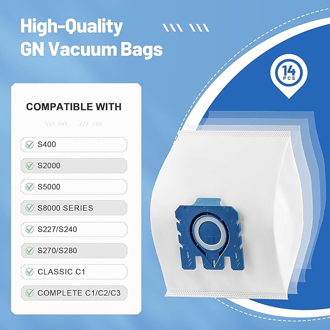 14 Pack 3D GN Vacuum Dust Bags Replacements for Miele Classic C1, Complete C2 C3, S227 S240, S270, S400, S400i, S600, S2, S5, S8 Series 4 Motor Protection Filters,4 AirClean Filters