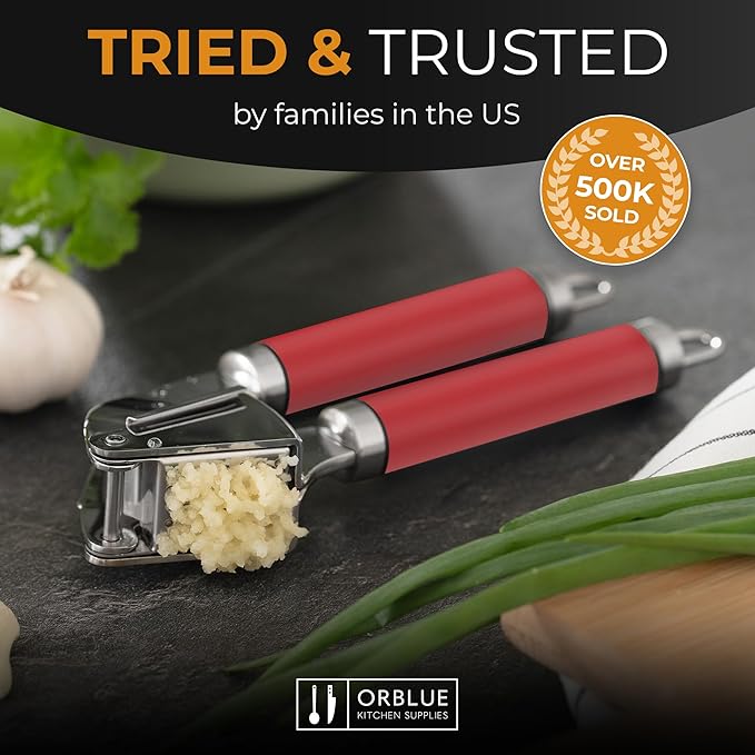 ORBLUE Garlic Press Stainless Steel - Premium Professional Grade Garlic Mincer, Crusher & Peeler Set - Easy Clean, Dishwasher Safe & Rust-proof, Red