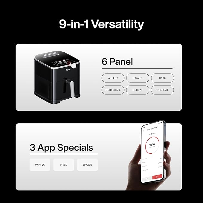 Typhur 8QT Sync Air Fryer with Built-in Wireless Meat Thermometer, 9-in-1 Smart Non Toxic Ceramic Airfryer for Quick Easy Meals, 450°F Max, Cooks 6lb Whole Chicken, Dishwasher Safe, 120V