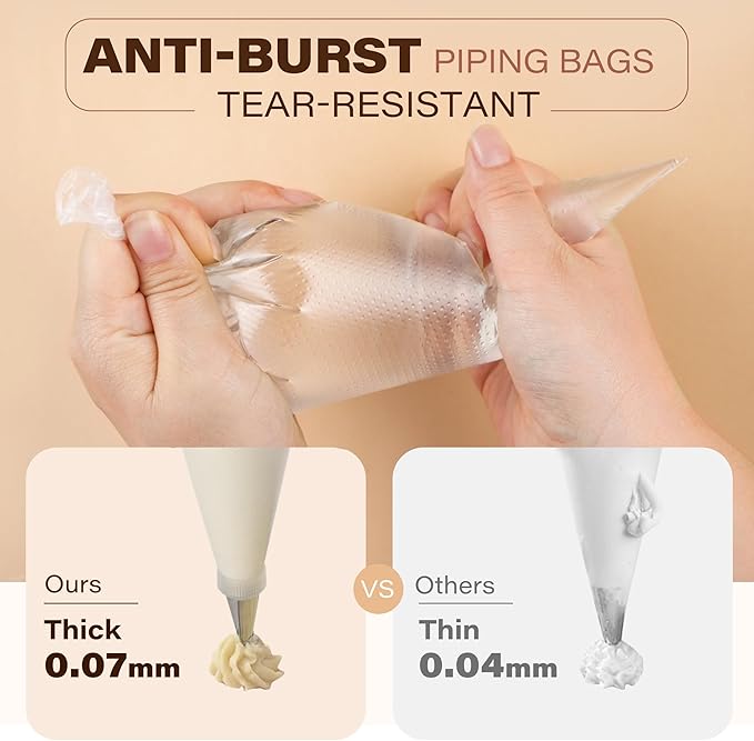 LotFancy 500Pcs Piping Bags 10 Inch, Thick Tipless Piping Bags, Non-Slip Disposable Pastry Bag for Royal Icing, Cookies, Cake Decorating
