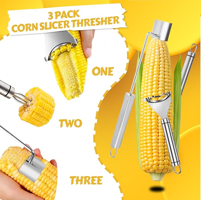 Corn Peeler Stainless Steel Corn Stripper Tool Set, 3 Pieces Peel Corn Cob Separator Quick for Kitchen Dining Enthusiasts Gadget