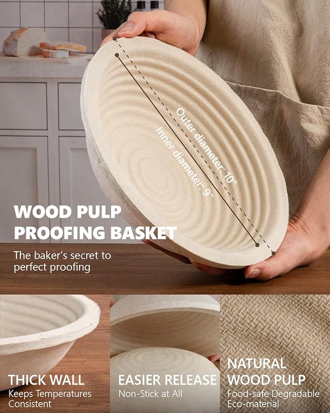 Wood Pulp Banneton Bread Proofing Baskets Set of 2, 9 Inch Round 2.2LB Sourdough Banneton Basket with Liner, Non-Stick Dough Proofing Bowl for Rising and Baking