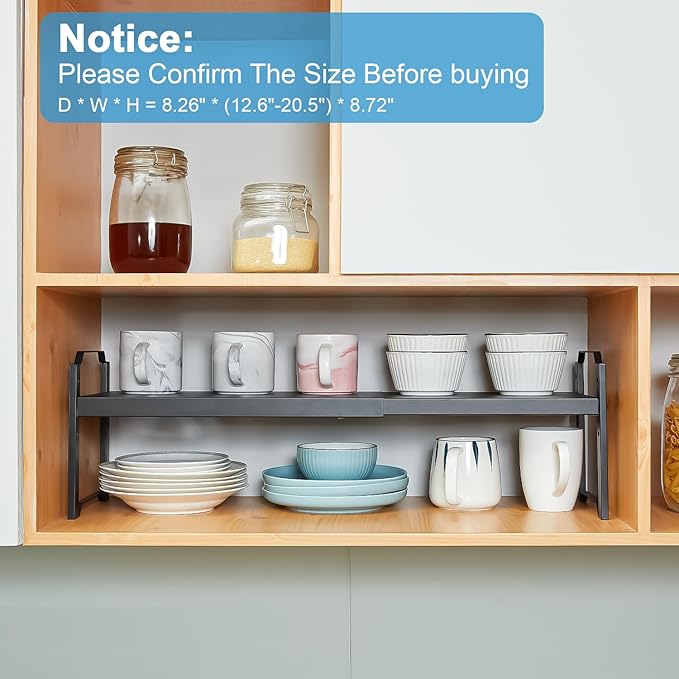 2 Pack Expandable Cabinet Countertop Shelves, Stackable Shelves Organizers For Kitchen Cabinet Countertop Storage, Adjustable Counter Cupboard Pantry Organizer Shelf Rack Stand, Length:20.5"