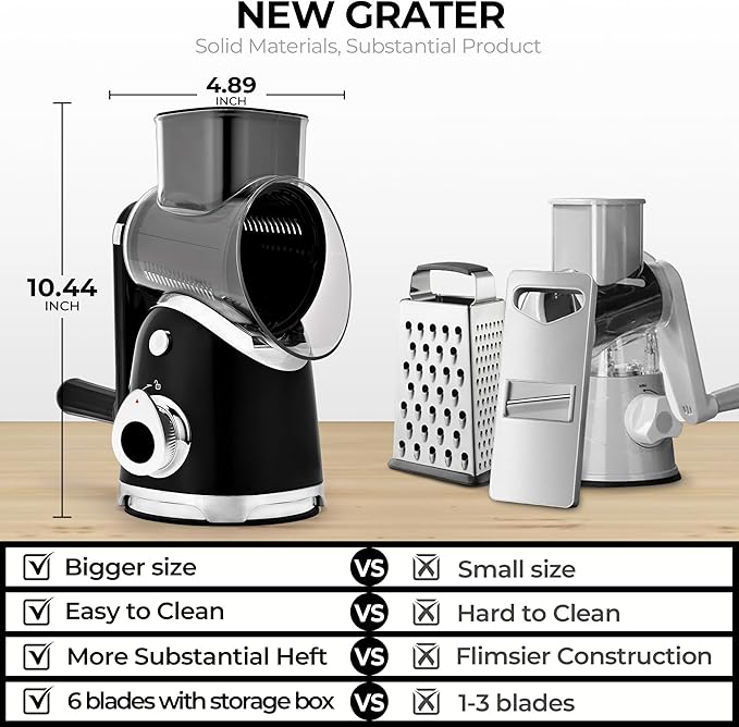 SUSTEAS Rotary Cheese Grater with Handle,Vegetable Slicer with 6 Interchangeable Blades, Reinforced Suction,Easy to Clean,Kitchen Shredder for Crushed Ice,Fruits and Nuts with Blade Storage Case,Black