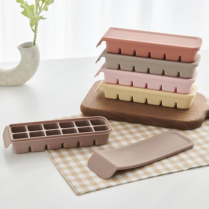 Silicone Freezer Trays with Lid,2ea 0.7oz 12 Cube-Leak Proof Silicone Freezer molds for Homemade Baby Food Breastmilk, Purees, Vegetables, Fruit, Baby Food Jars Ice Tray with Lid BPA Free Beige