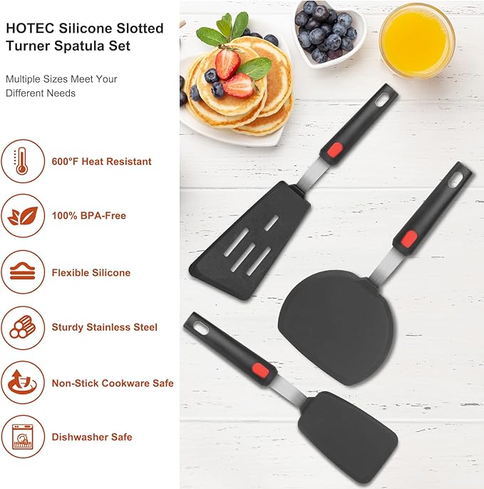 Hotec Silicone Spatula Turner for Nonstick Cookware, Cooking Spatulas 600°F Heat Resistant Large Flexible Rubber Spatula Set of 3, Kitchen Utensils for Flipping Eggs, Burgers, Pancakes, Crepes