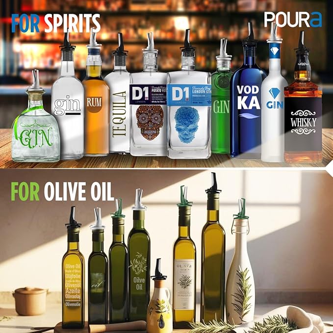 3-in-1 Liquor Pour spout with Built-in Fruit Fly Protection - BPA Free & Dishwasher Safe Hygienic Alcohol Speed Spouts - Also for Olive Oil, Juice, Syrup. Silver 2 Pack