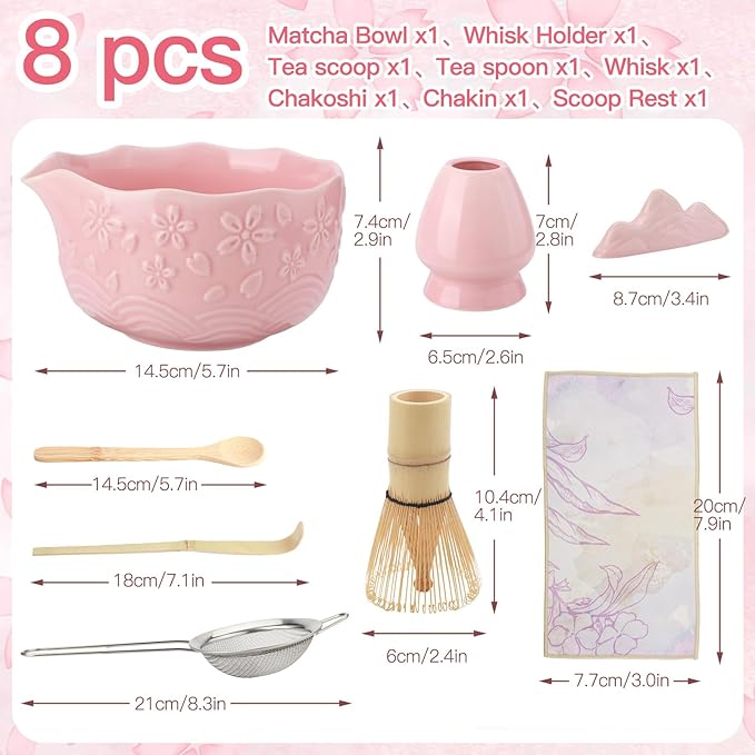 Matcha Whisk Set, 8-Piece Ceramic Japanese Matcha Bowl & Accessories Kit for Traditional Tea Ceremony, Home Use & Gifts (Pink)