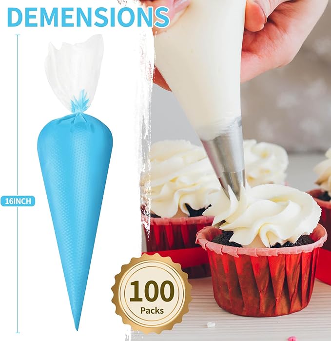 Azzuro Piping Bags Disposable 16 Inch, 100PCS Extra Thick Pastry Icing Piping Bags for Cake & Cookie, Non-Slip Anti-Burst Cake Frosting Decorating Bags Easy to Squeeze