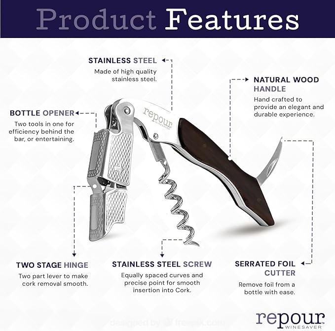 Repour 3 in 1 Corkscrew- Professional Wine Bottle Opener with Serrated Foil Cutter and Bottle Opener- Manual Wine Key for Bartenders, Servers, Waiters, and Wine Enthusiasts (Mahogany)
