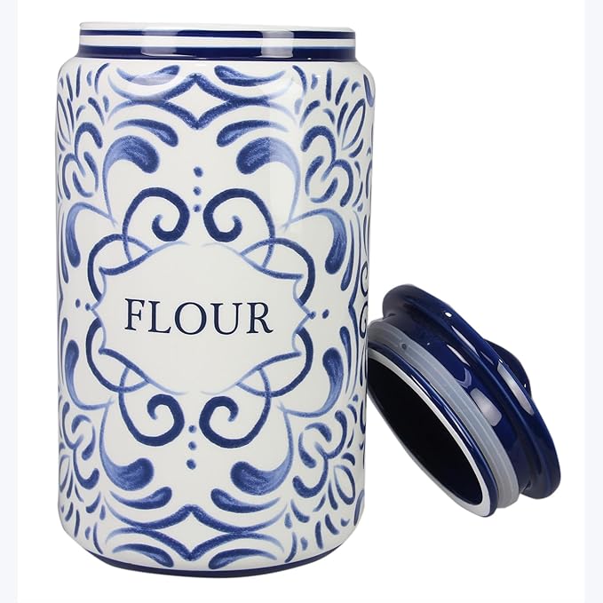 Young's Inc. 4 Pcs Set Talavera Ceramic Canisters- Storage Container for Kitchen and Bathroom - Beautiful Home Decor Accent to Store Food, Coffee, Tea, and More - White, Blue