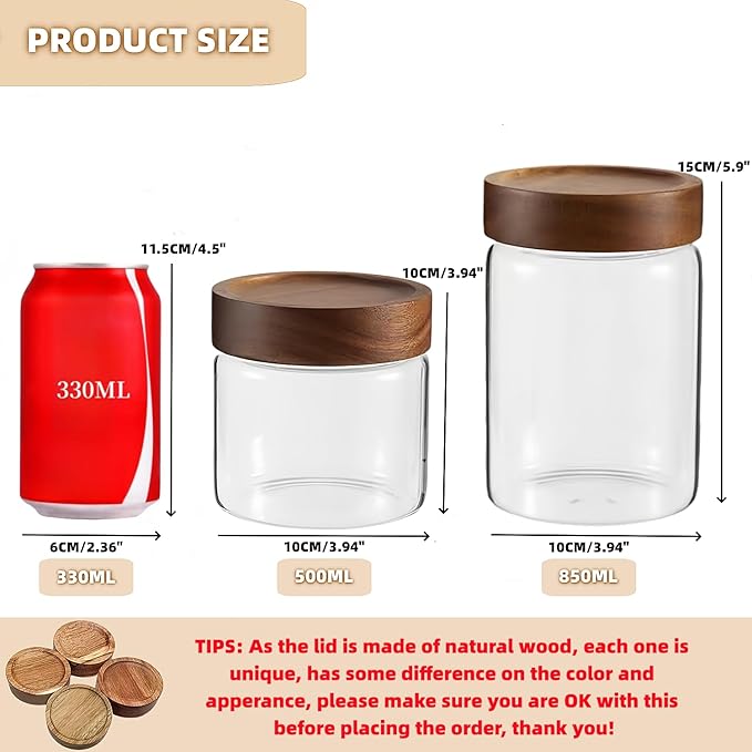 Set of 2 Glass Food Storage Jars, Premium Clear Glass Container Jar with Airtight Wooden Screw Lid, Kitchen Canisters for Coffee,Tea,Pasta,Cookies, Nuts,Spice,Candy,Overnight Oatmeal