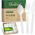 Gezond 150 Count 100% Compostable Cutlery Set, Forks Spoons Knives PLA Disposable Cutlery Set, No Plastic Biodegradable Eco-Friendly Utensils Suitable for Party Picnic Office Everyday Use