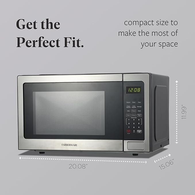 Farberware 1.1 Cu. Ft. Countertop Microwave Oven – 1000 Watts Power, Auto Cook Settings, Defrost, Easy Clean and Child Safety Lock-Stainless, Stainless Steel
