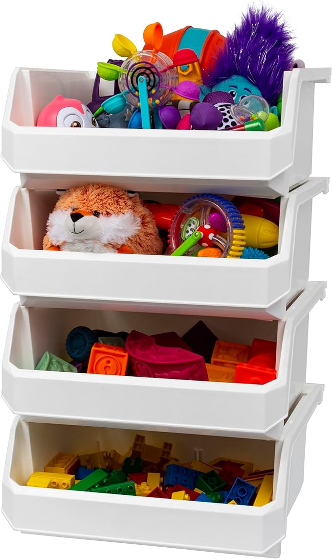 Plastic Containers for Organizing and Storage Bins for Closet, Kitchen, Office, Garage or Pantry Organization, Stackable Bins, Extra Large (14.8" x 16.5" x 7"), 4-Pack, White