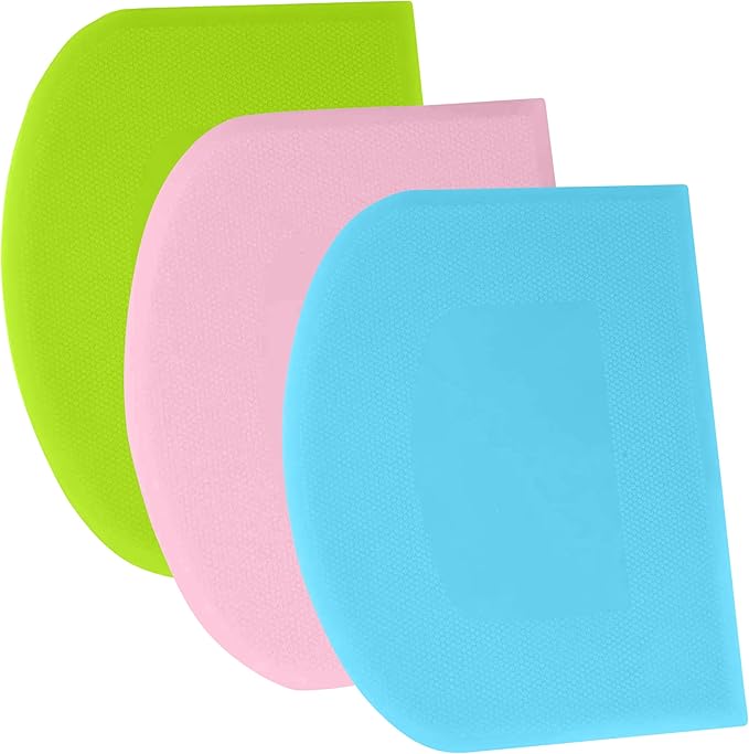SURDOCA Dough Scraper Bench Scraper - 3P 8.3x5.5" Plastic Flexible Bowl Scraper, Sharp Edge & Angles Cake Scraper. Non-Slip Bakeware Decorating Tools Sculpting & Modeling Tools - Pink+Blue+Green