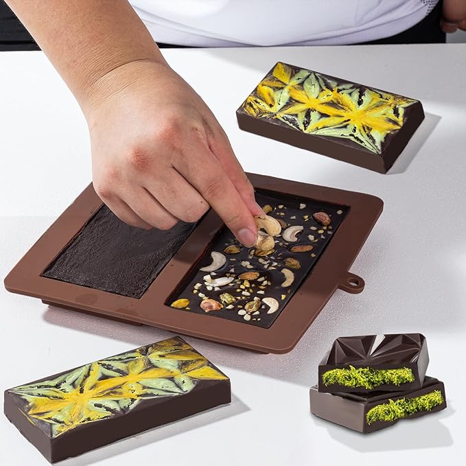 Chocolate Bar Mold Deep Dubai 1 Inch 2 Pcs Pistachio Chocolate Bar Silicone Thick Mold for Stuffed Bar, Large Candy Bar Mould for Filling, Brown
