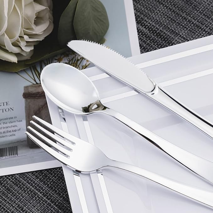 N9R 200PCS Silver Plastic Silverware Disposable Silver Plastic Silverware Cutlery Set, 100 Forks, 50 Spoons, 50 Knives for Party, Birthday, Wedding